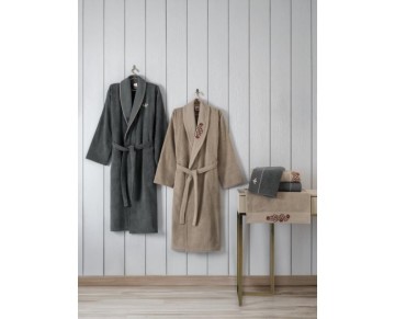 Cotton Box Folk Art Aile Bornoz Seti Yamka Bej-Antrasit