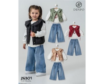 9/24 AY 26301-26301 9/24AYLIK BEBEK YAKALI TAŞLI YELEK ÜÇLÜ TAKIM