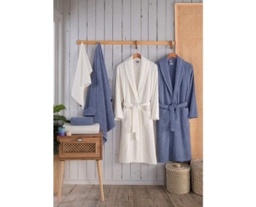 Nevresim Dünyası  Bornoz Seti Alfa Mavi-Krem