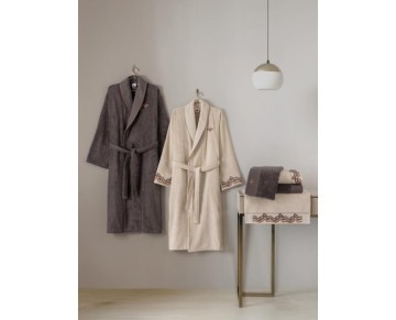 Cotton Box Puff Nakışlı Aile Bornoz Seti Molende Bej-Antrasit