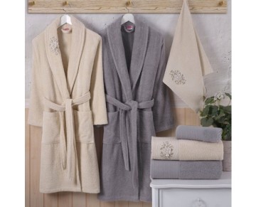 Hobby Line - Pamuklu Bornoz Seti - Krem Gri