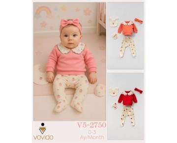 0/3 AY 52750-ÇİLEK YAKA NAKIŞLI VE BASKILI BEŞLİ SET