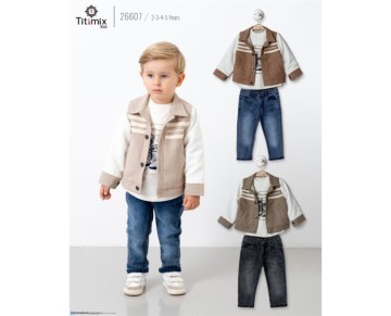 2/5 YAŞ-26607-26607 2/5YAŞ ŞERİT NAKIŞLI KADİFE CEKET ÜÇLÜ TAKIM