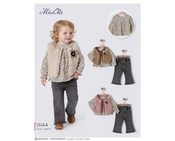 9/24 -2644-yakalı fırfırlı peluş yelek-desenli tunik-kot pantalon