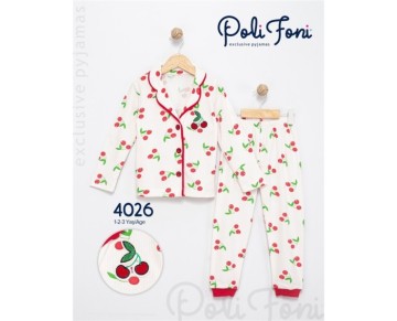 1/3 yaş 4026-KİRAZLI SÜZENELİ YAKALI PİJAMA TAKIM
