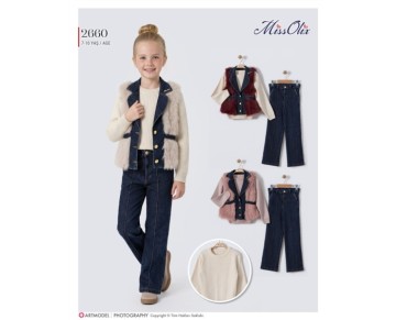 7/10 YAŞ-2660-triko kazak-kotlu peluş yelek-kot pantalon 