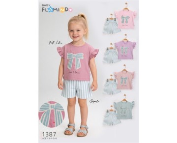 3/6 yaş 1387-YAZLIK ÇİZGİLİ ŞORTLU SÜZENE NAKIŞLI TAKIM