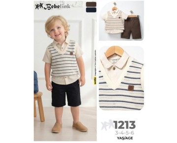 3/6 YAŞ-1213-ÇİZGİLİ SÜETERLİ GÖMLEK ÜÇLÜ ERKEK TAKIM