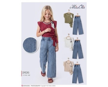 7/10 YAŞ-3826-yaka aksesuarlı kuşaklı tunik taş baskılı kot pantalon