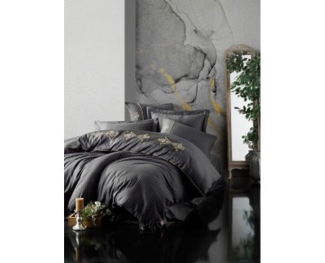 Cotton Box Brode Nakışlı Çift Kişilik Saten Nevresim Takımı King Antrasit